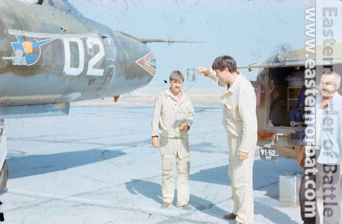 The 136th Fighter Bomber Air Regiment's Su-17M3 Fitter-H bomber at Chirchik airport after the war. The 168th Fighter Bomber Air Guard Regiment's mark is displayed on the side of the bomber.