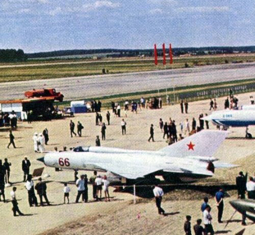 The Soviet 234th Guard Fighter Air Regiments MiG-21FL Fishbed-D export fighter version on Domodedovo Air Show in 1967.