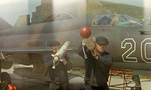 Soviet 515th Fighter Air Regiment's mechanical crews front of their MiG-21bis Fishbed-L at Hungary Tkl airport