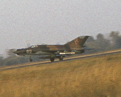 USSR 515th Fighter Air Regiment's MiG-21bis Fishbed-L landing at Hungary Tkl in 1986