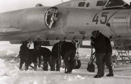 72nd Guard Fighter Air Regiment PVO in front of their new huge Tu-128 Fiddler long range patrol interceptor at Amderma airport