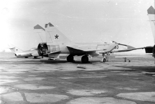 Soviet MiG-25P Foxbat-A interceptors and MiG-15UTI Midget trainer aircraft at Nasosnaya airport close to Baku city in the seventies