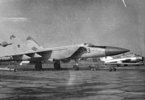 Soviet MiG-25P Foxbat-A interceptors and MiG-15UTI Midget trainer aircraft at Nasosnaya airport close to Baku city in the seventies