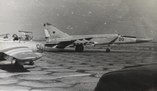 Soviet MiG-25P Foxbat-A interceptors and MiG-15UTI Midget trainer aircraft at Nasosnaya airport close to Baku city in the seventies