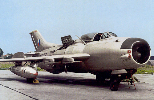 A rare shot of the Czechoslovak MiG-19PM 'Farmer D' of the 5th Fighter Air Regiment, undergoes a routine pre-flight check. Photo Jaroslav Bartcek collection 