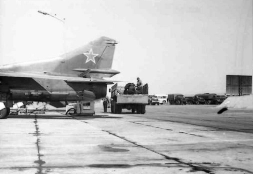 Soviet 129th Fighter bomber air regiment's MiG-27 Flogger-D with bomb in Taldy Kurgan in 1982