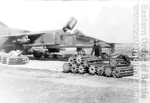 Soviet 129th Fighter bomber air regiment's MiG-27 Flogger-D with bomb in Taldy Kurgan in 1982