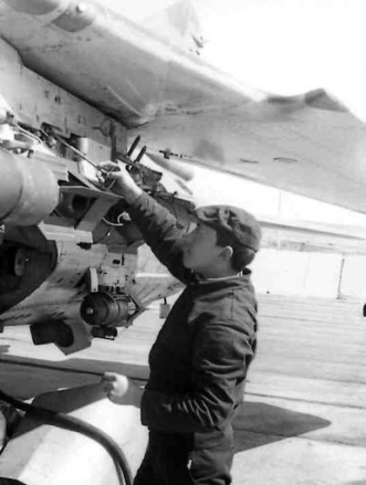 Soviet 129th Fighter bomber air regiment's MiG-27 Flogger-D with bomb in Taldy Kurgan in 1982