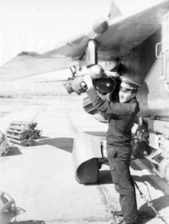 Soviet 129th Fighter bomber air regiment's MiG-27 Flogger-D with bomb in Taldy Kurgan in 1982