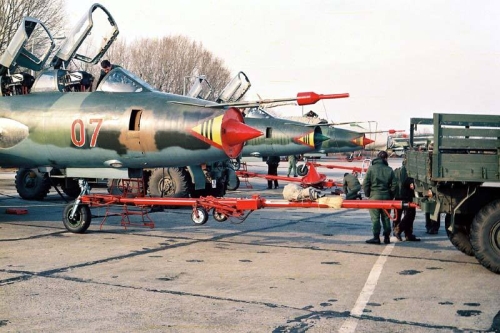 Hungarian Su-22UM3 Fitter-G reconnaissance-bomber trainer type at Taszr air base in 1984