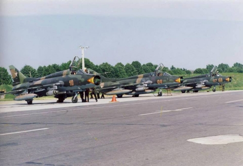 Hungarian Su-22M3 Fitter-J reconnaissance-bomber type at Taszr air base in eighteen.